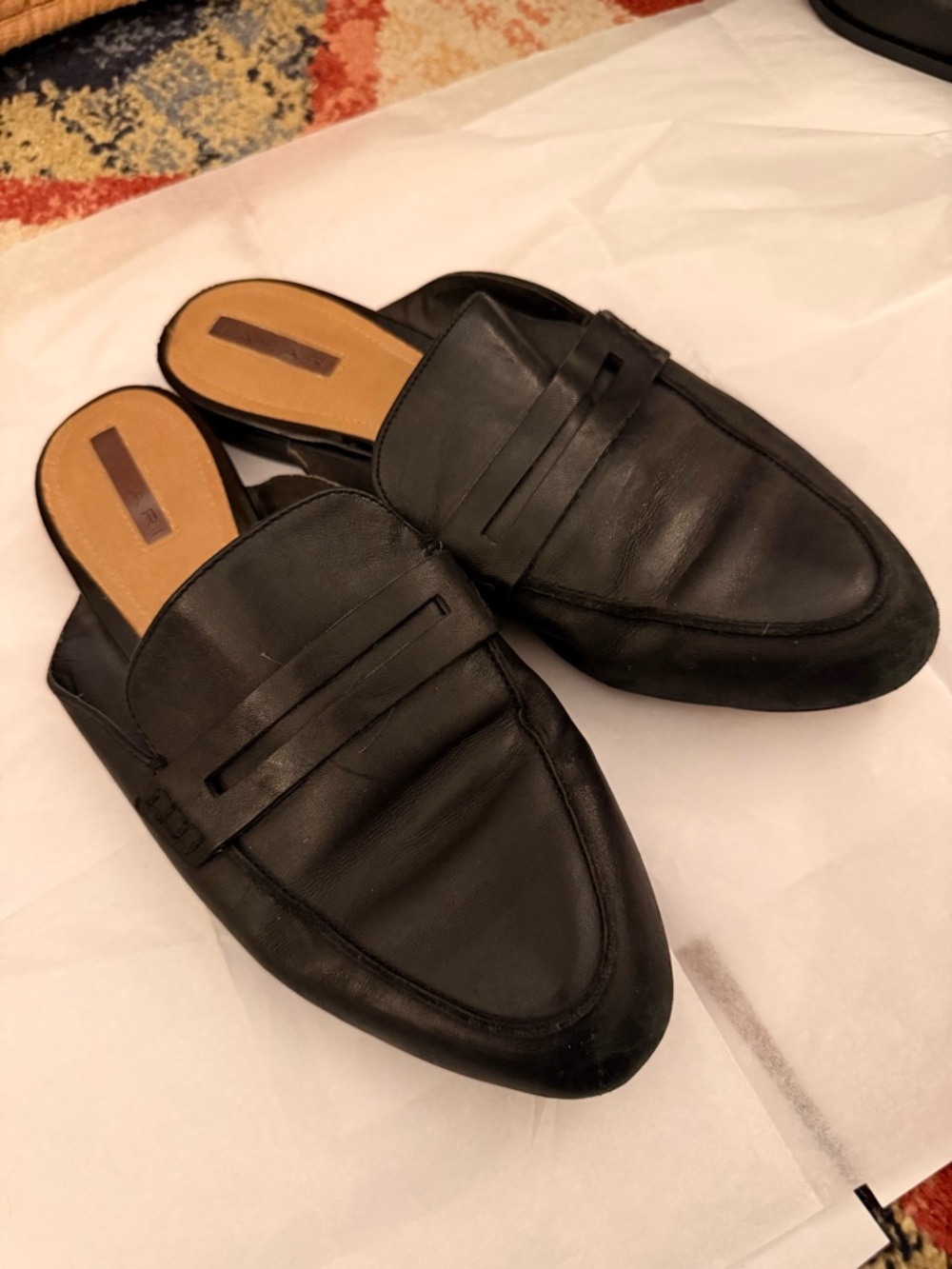 Tahari Black Leather Backless Penny Loafers for Women